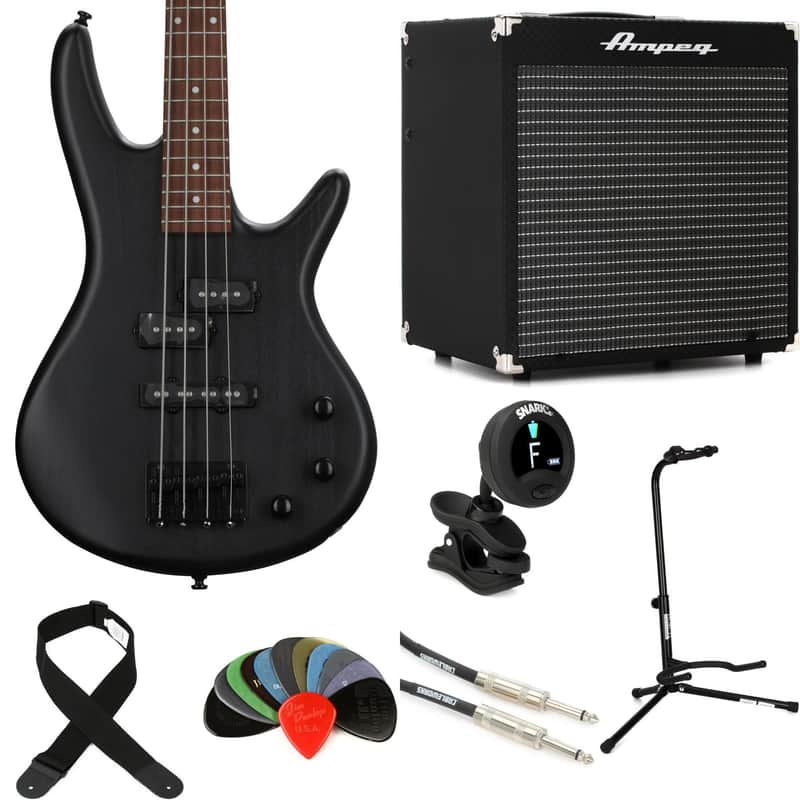 Ibanez miKro GSRM20 Bass Guitar and Ampeg Rocket Amp Essentials Bundle - Weathered Black image 1