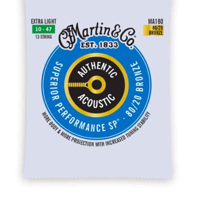 Martin MA180 Authentic Acoustic SP Guitar Strings Extra Light 12-String 80/20 Bronze 10-47 image 1