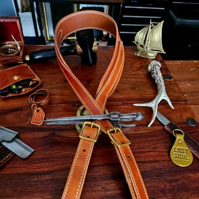 Hand Made, Hand Stitched Guitar strap "Rockatansky" in Burnt Tan & Cream - Vegetable Tanned Leather image 15