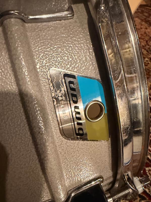 Ludwig L-404 Acrolite 5x14" 8-Lug Aluminum Snare Drum with Rounded Blue/Olive Badge 1979 - 1993 - Gray image 1