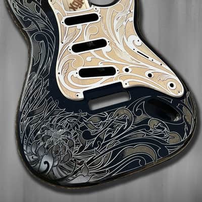 Glossy Black XGP Stratocaster Style Laser Engraved Guitar Body with Cherry Wood Veneer Pickguard and Tremolo Cover HSH, HSS, SSS Setups Available image 2