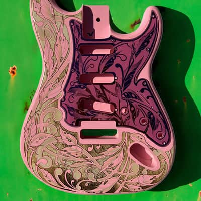 Custom Laser Engraved Pink Fender Strat Guitar Body with Pink Mirror Acrylic Pickguard & Tremolo Cover HSH, HSS, SSS Setups Available image 5