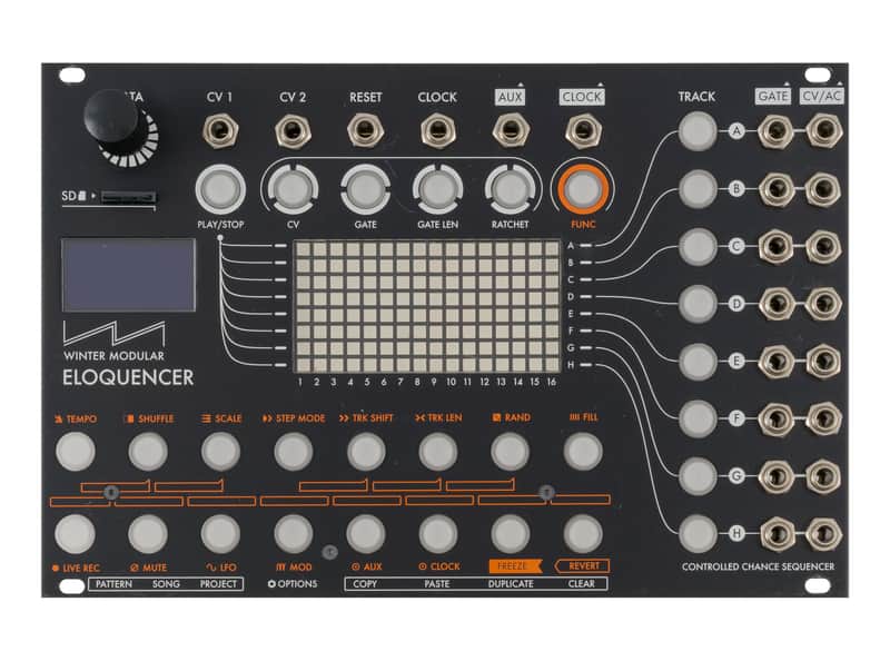 Black modular synthesizer with numerous knobs, buttons, and patch points visible.