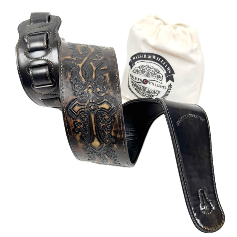 Walker & Williams LIP-06 Dark Rye Tan Carved Leather Spade Cut Strap with Tooled Cross and Thorns image 1