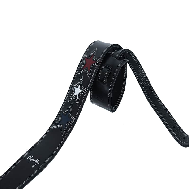2.5" 3 Red-White-Blue STARS Black/Black Leather Backed Guitar Strap Extra Long (adjusts from 53" - 60") + $30.00 image 1
