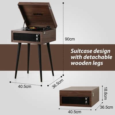 Espresso Turntable with Removable Stand – 3-Speed Vintage Record Player with Bluetooth, USB Recording & Built-In Speakers image 2