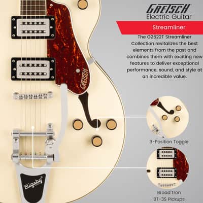 Gretsch G2622T Streamliner Center Block Double-Cut Electric Guitar with Bigsby, Laurel Fingerboard (Vintage White) Bundle with Gretsch G2622T Tweed Hard Case image 4