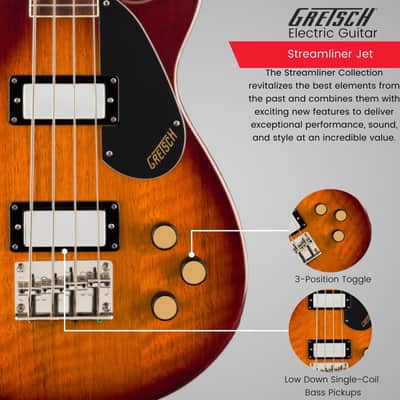 Gretsch Streamliner Jet Club Single-Cut 4-String Right-Handed Bass Guitar with Nato Body and Laurel Fingerboard (Havana Burst) image 4