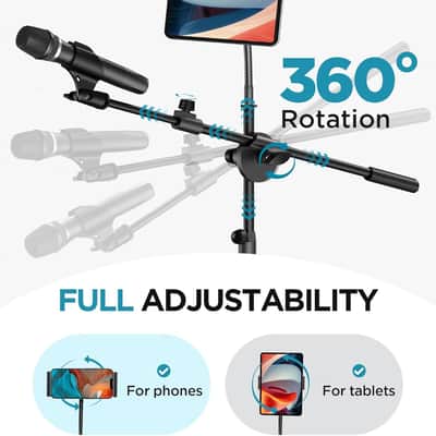 Mic Stand, 6 in 1 Microphone Stand Floor with Tablet Phone Holder Height Adjustable from 30" to 72" Mic Stand Tripod Boom Arm with Gooseneck Carrying Bag for Singing Karaoke Stage image 5