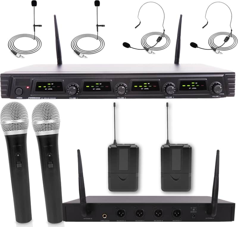 4 Channel Wireless Microphone System - Portable UHF Audio Mic Set with 2 Handheld, 2 Headset, 2 Lavalier Mics, 2 Transmitter, 8 'AA' Battery, Power Adapter - For Karaoke, PA, DJ image 1