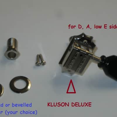 ONE near A+ genuine Gibson (Kluson) Deluxe Vintage Style Tuner for high D, A, low E side - PMMH model but with Black BUTTON (& says KLUSON DELUXE) + screws, washer, & nut with threaded shaft - HARDWARE: Nickel (from 2013 LPJ - NO guitar included) image 1