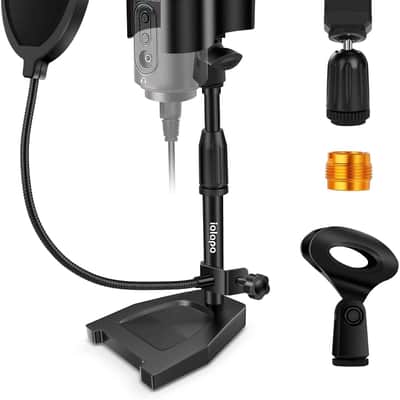 Desktop Mic Stand, Adjustable Microphone Stand Desk with Upgrade Microphone Clip Max Clamping Range 60mm,Pop Filter,Cell Phone Clip,3/8"to 5/8" Metal Adapter for Blue Yeti Snowball & Other Mic image 1