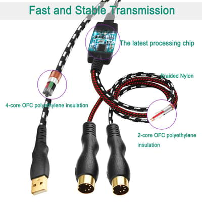MIDI Cable, MIDI to USB Interface Cable 4.5FT,MIDI Interface in-Out to USB Cord Adapter with Indicator for Piano Keyboard to PC Mac Laptop, Arranger Keyboard Tool image 3