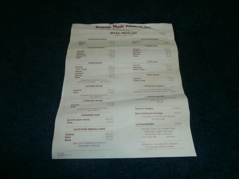 Vintage 1982 Kramer Guitar/Bass Price List! Pacer, Floyd Rose, Vanguard, Voyager! image 1