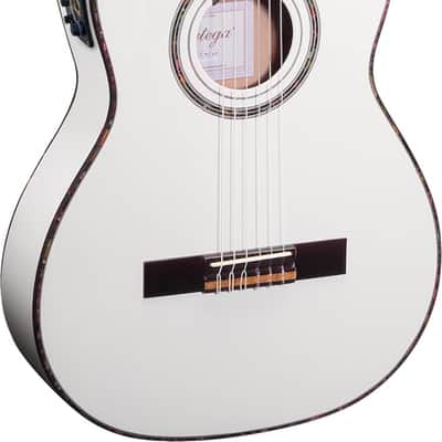 Ortega Guitars RCE145WH Family Series Pro Slim Neck Acoustic Electric Thinline Nylon Classical 6-String Guitar w/ Free Bag, Solid Canadian Engelmann Spruce Top and Mahogany Body, White Gloss Finish image 1