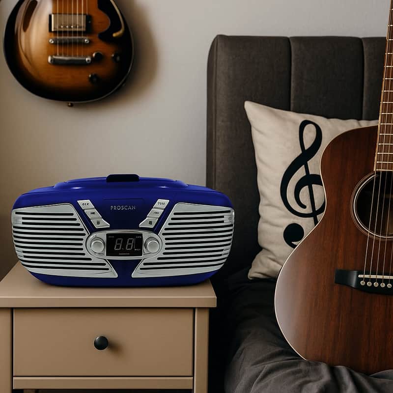 Retro Portable CD Boombox – FM Radio, AUX Input, Foldable Handle (Blue) image 1