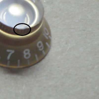 TWO very lightly used genuine Gibson Gold TOP HAT Knobs (ONLY 2 of the 4 knobs from PRHK-020 set are for sale) TOP Edge of ONE OF THE KNOBS has two very short very light nick image 24