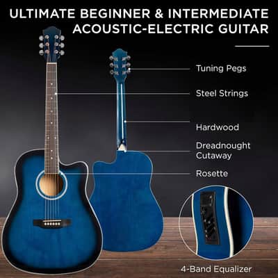 Beginner Acoustic Electric Guitar Starter Set 41in w/All Wood Cutaway Design, Carrying Case, Strap, Picks, Cable - Blue image 3