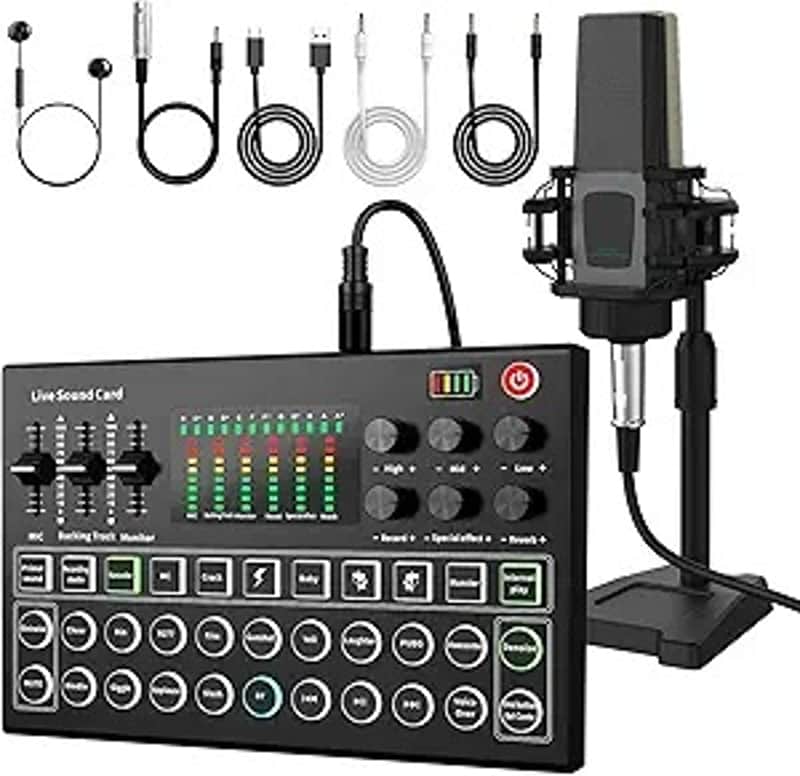 Podcast Equipment Bundle, All-in-One Audio Interface DJ Mixer with Microphone, Stand, Monitor Earphone, Audio Mixer With Sound card for PC/Laptop/Phone, Streaming/Podcasting/Gaming image 1
