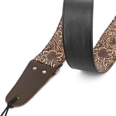 Guitar Strap, Stamped Leather Guitar Strap PU Leather Western Vintage 60's Retro Guitar Strap with Genuine Leather Ends for Electric Bass Guitar, with Tie,Include 2 Picks,Bronze image 3