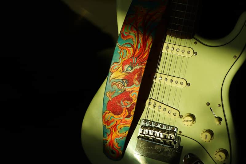 Burny Black handmade guitar strap leather - phoenix red/blue made to order - oil image 1