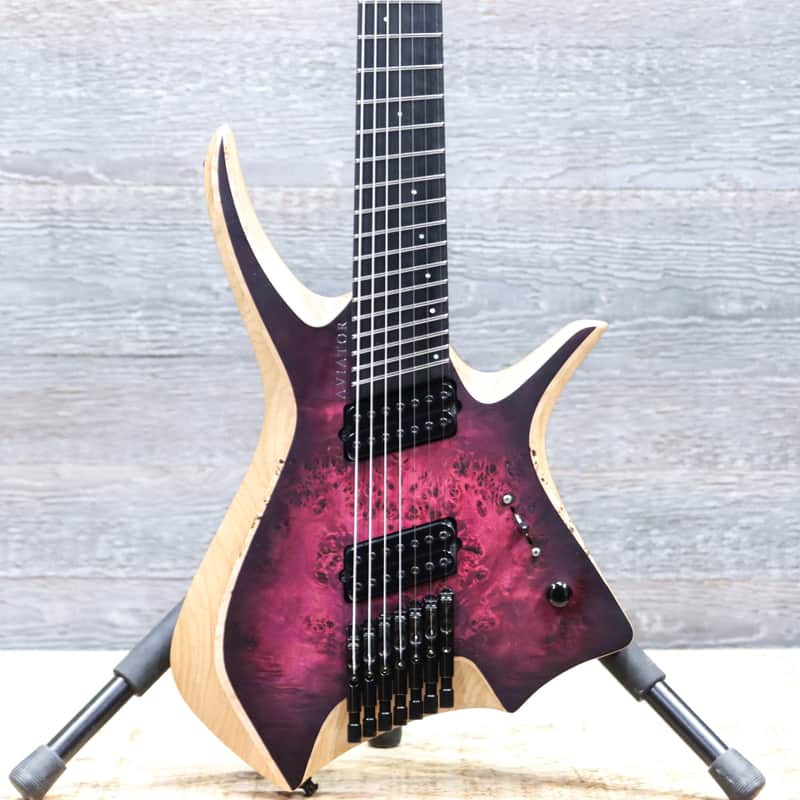 Aviator Guitars Headless Run Nighthawk 7 Multiscale Pink Burst Electric Guitar w/Case image 1