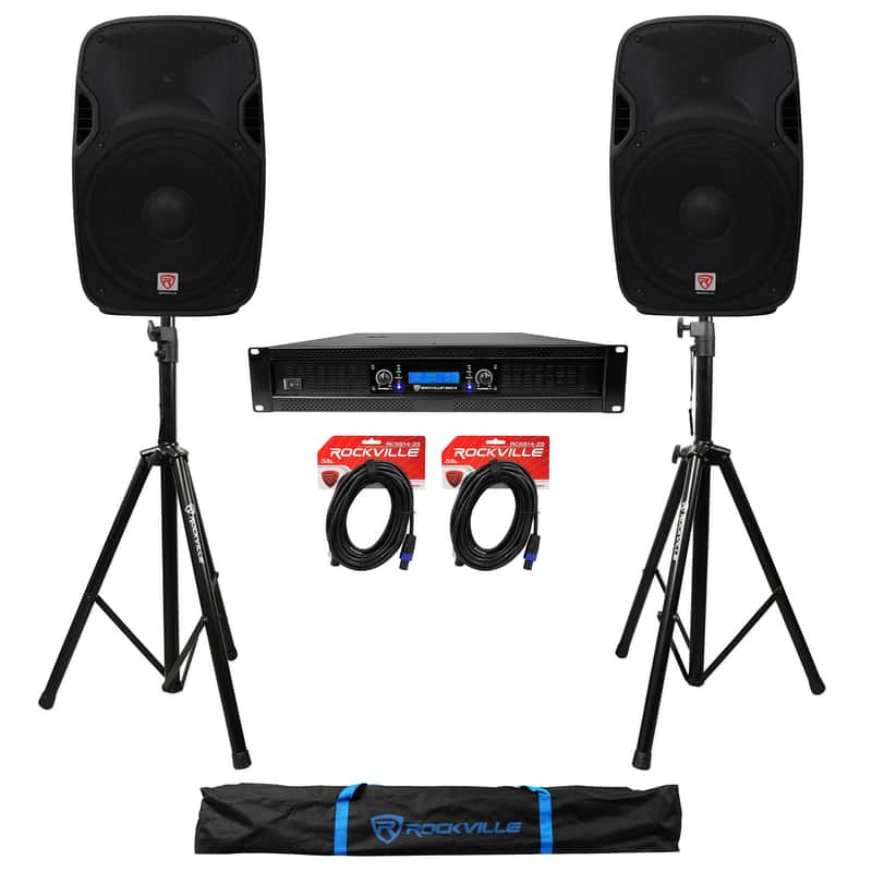 (2) Rockville SPGN154 15" 1600W DJ PA Speakers+Power Amplifier+Stands+Cables image 1