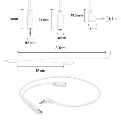 ExcelValley [White | 30 cm - 11.81"] 5-Pack - Right Angle Hopscotch Mono Splitter Y Patch Cables TS 3.5mm 1/8" Eurorack Synth image 2
