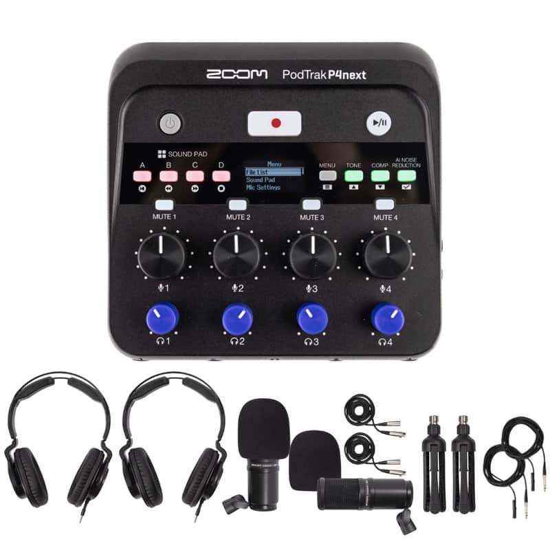 Zoom PodTrak P4next Podcast Recorder Bundle with 2 ZDM-1 Mic Packs image 1