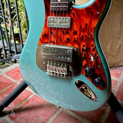 Waterslide Guitars S-Style Coodercaster Aged 'Blue Ice' Nitro, PLEK'd, Mojo Lap Steel+Teisco-Spec Gold Foil Pickups image 7