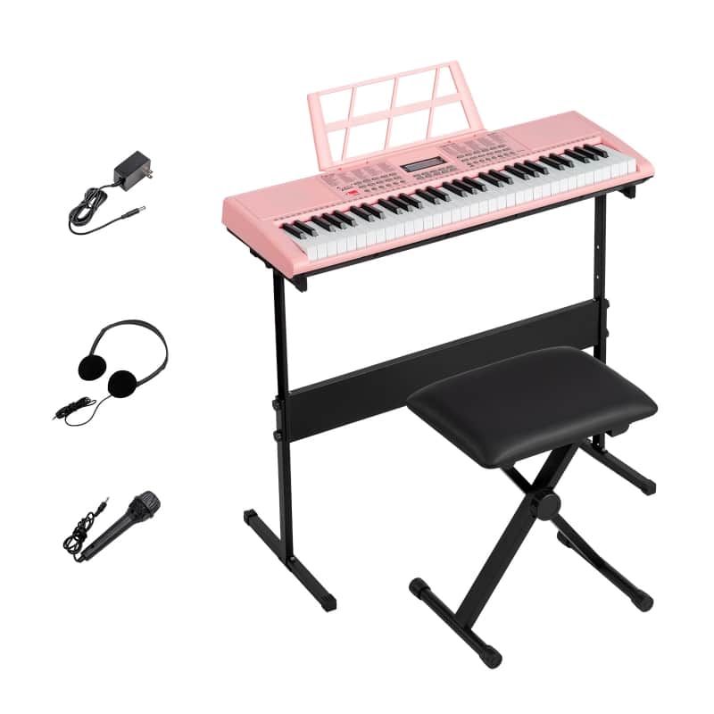 Glarry GEP-108 61-Key Portable Keyboard Set w/LCD Screen, Stand, Microphone - Pink image 1