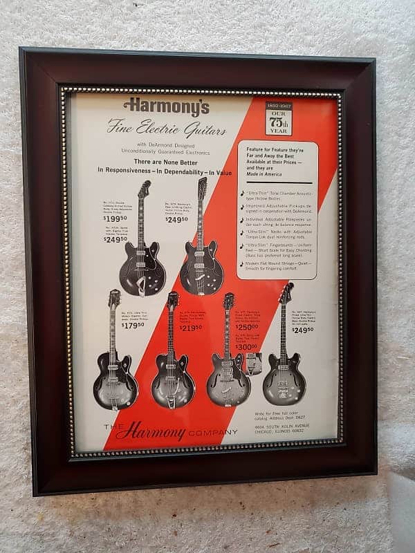 1967 Harmony Guitars Promotional Ad Framed Meteor, H77, H27 Bass, H72, & Others Original image 1