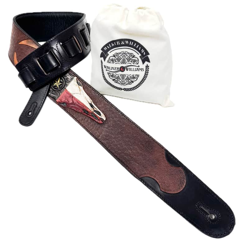 Walker & Williams LHR-32 Black Premium Leather Strap w/Bull Skull And Texas Star Carving image 1