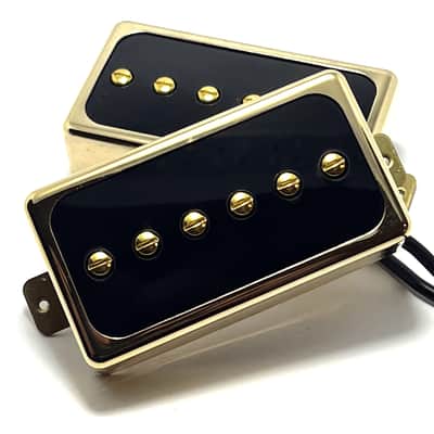 Dragonfire H90s ~ Humbucker Sized / Cased P-90 Pickup Set, Bridge + Neck ~ Gold Ring w/ Black Inlay image 1
