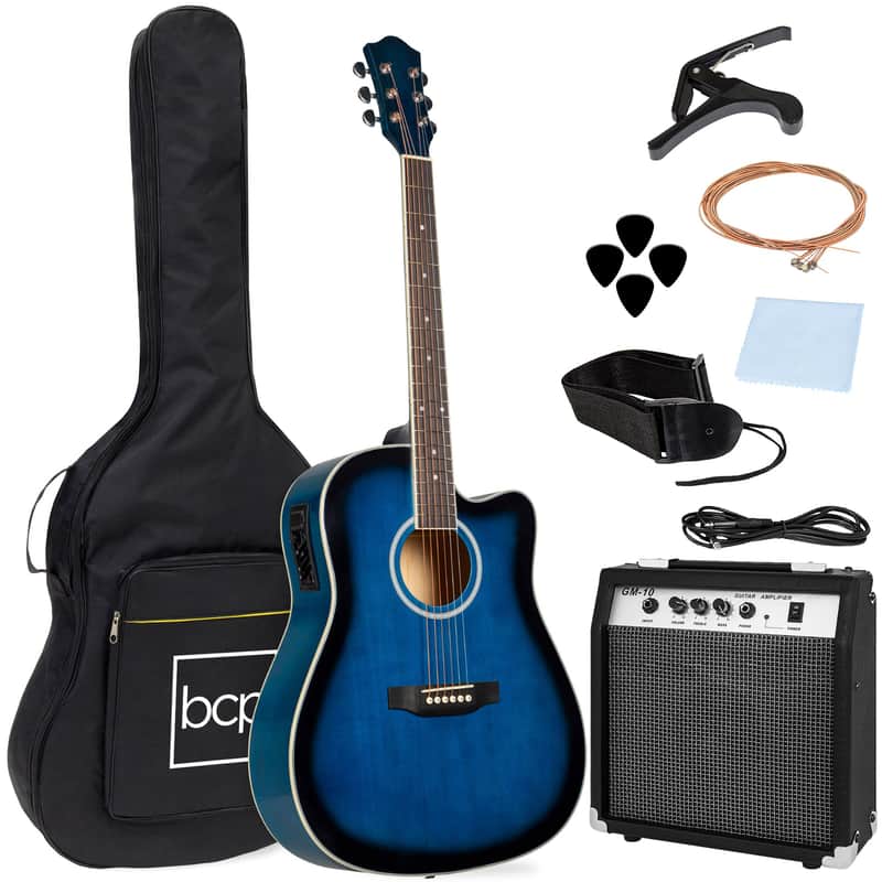 Best Choice Products Beginner Acoustic Electric Cutaway Guitar Set w/ Case, Strap - 41in-Blue image 1