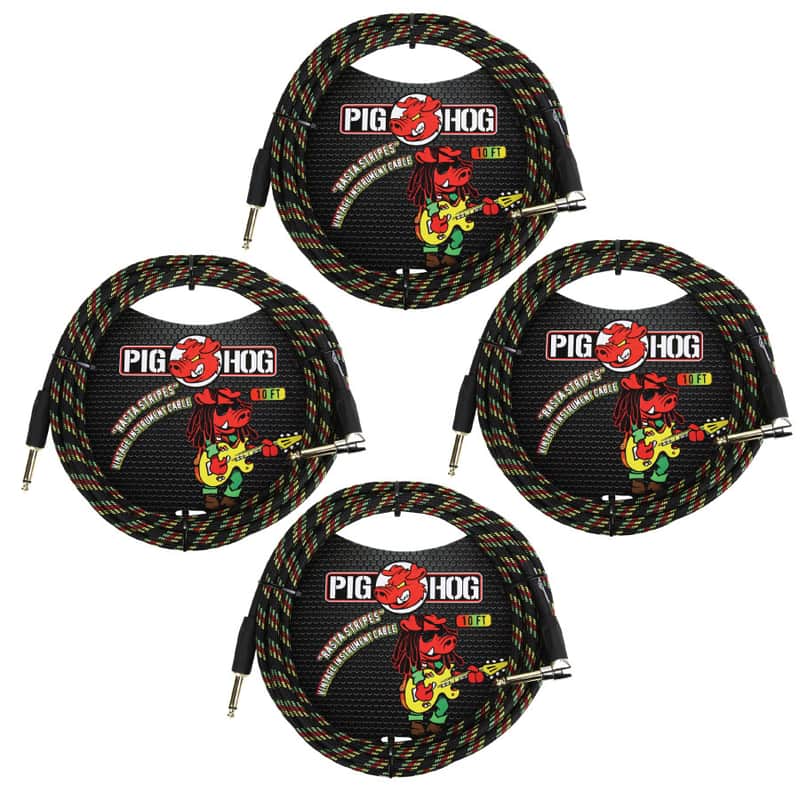 4 - Pack Pig Hog PCH10RAR 1/4" Straight to 1/4" Right-Angle Rasta Instrument Cable 10FT - NEW image 1