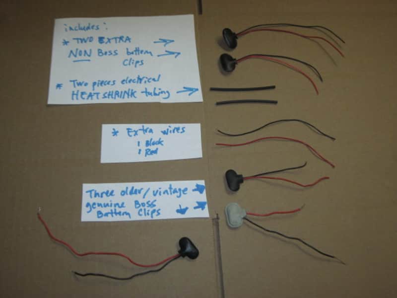 3 used genuine BOSS older battery clips (1 GRAY, early 1980s / 2 BLACK - one late from 1980s, other from 1990s) (NO pedals) - also including 2 new NON Boss battery clips, 2 extra wires, 2 pieces heat shrink tubing (AS IS / FINAL SALE- read description) image 1
