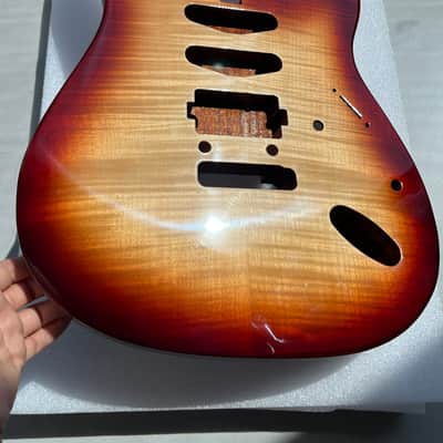 Vibrato system Strat Style Electric Guitar Body - Mahogany Core with 4a Flame Maple Top, Gloss 3-Color Sunburst Finish, S-S-H Pickup Routing, for DIY Build image 3