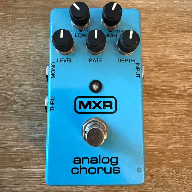 Blue MXR analog chorus pedal with knobs and footswitch.