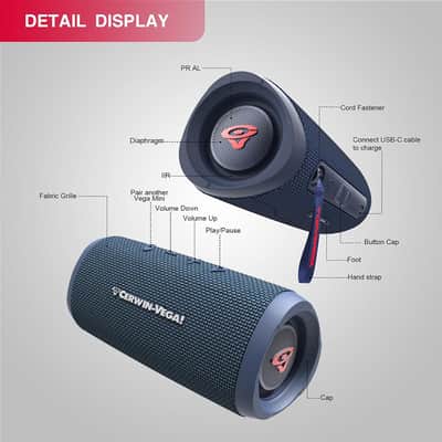 CERWIN-VEGA! Vega Mini Bluetooth Speaker, VMBLU Powerful Bass,Portable Speakers,Water Resistant Bluetooth Speaker, Wireless Speakers for Travel, Home, and Outdoor Use – Blue image 2