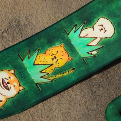 burnyblack custom made guitar strap - animals in forest leather/green image 11