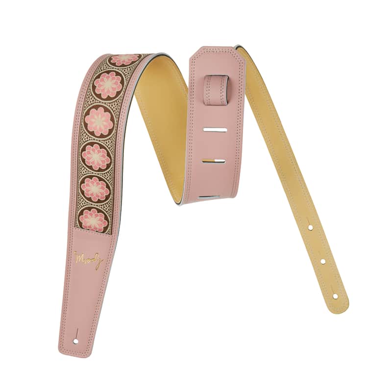 2.5" - Hippie Series - Leather Backed Guitar Strap - Pink/Cream/Pink Floral Long (adjusts from 47" - 54") + $15.00. image 1