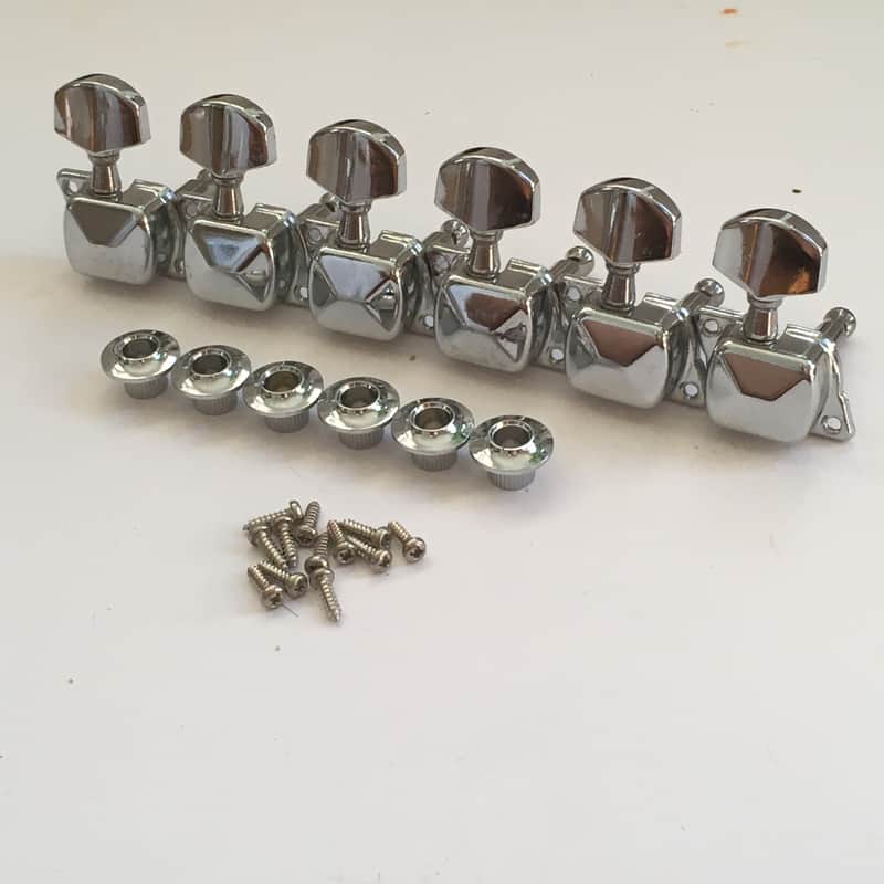 6 Complete Vintage Inline Electric Guitar Mounted Casing Gear Tuners + Bushings image 1