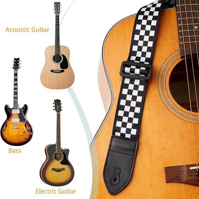 Black & White Checkered Guitar Strap w/ Leather Pick Holder & 4 Picks for Acoustic Electric Bass Guitar image 4