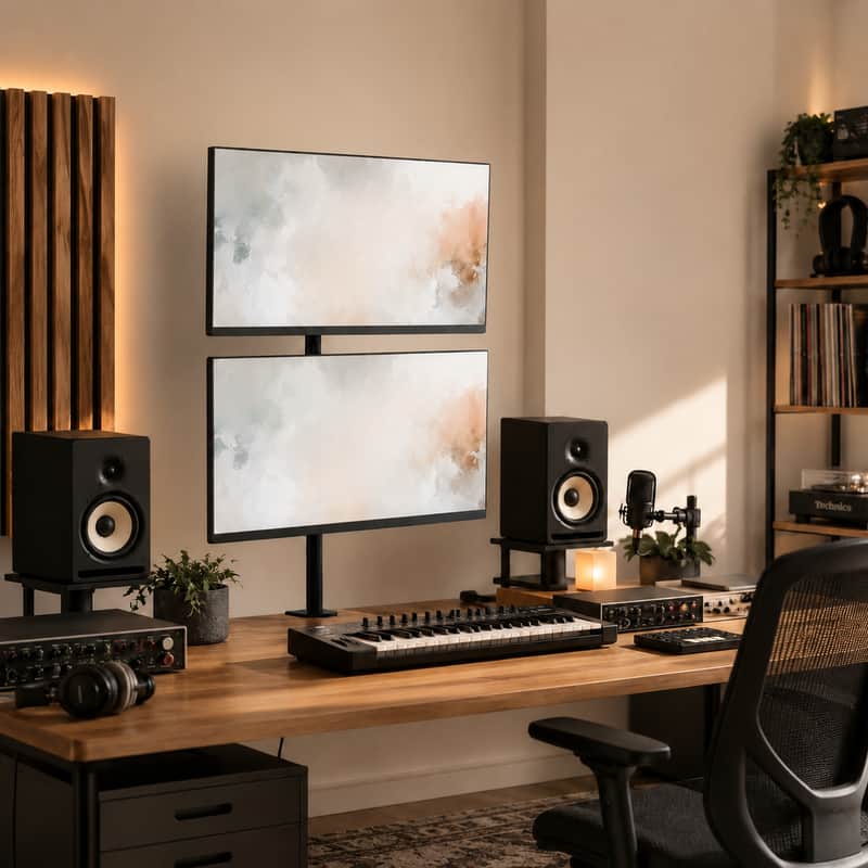 Vertical Dual Monitor Studio Desk Mount – Stacked 2-Screen Stand for Music Production, Mixing & Streaming image 1