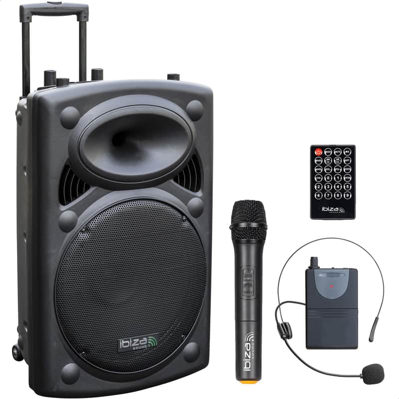 Ibiza PORT15UHF-BT 15 Inch 800W MAX Portable Speaker with Bluetooth, USB, SD, TWS, 2 UHF Microphones, Remote Control, Protective Cover, 6-8h Autonomy image 1