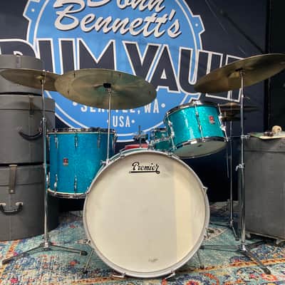 Premier 4-Piece Drum Set, 22", 16", 12" and 14x5.5" Matching Snare Drum, Hardware and Cases, All Original!! 1966 - Aquamarine Sparkle image 4