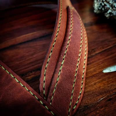 Handmade Leather Guitar Strap - Wolf in Chestnut and Pea Green [SOLD, MORE MADE TO ORDER] image 4