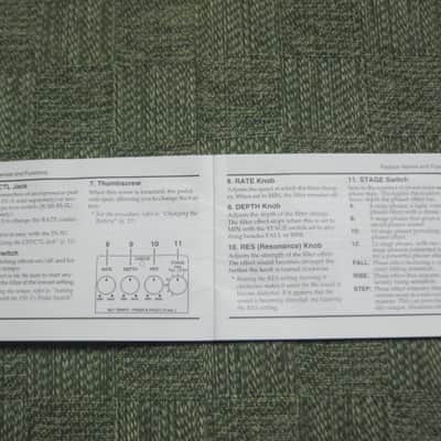 used (less than lite average wear) genuine Boss Owner's Manual for PH-3 Phase Shifter (NO: pedal / other items) 2000s (copyright year 2002) white matte paper / black print & graphic [5 inches across (unopened), 3 & 1/2 inches high] 32 pages cover to cover image 13