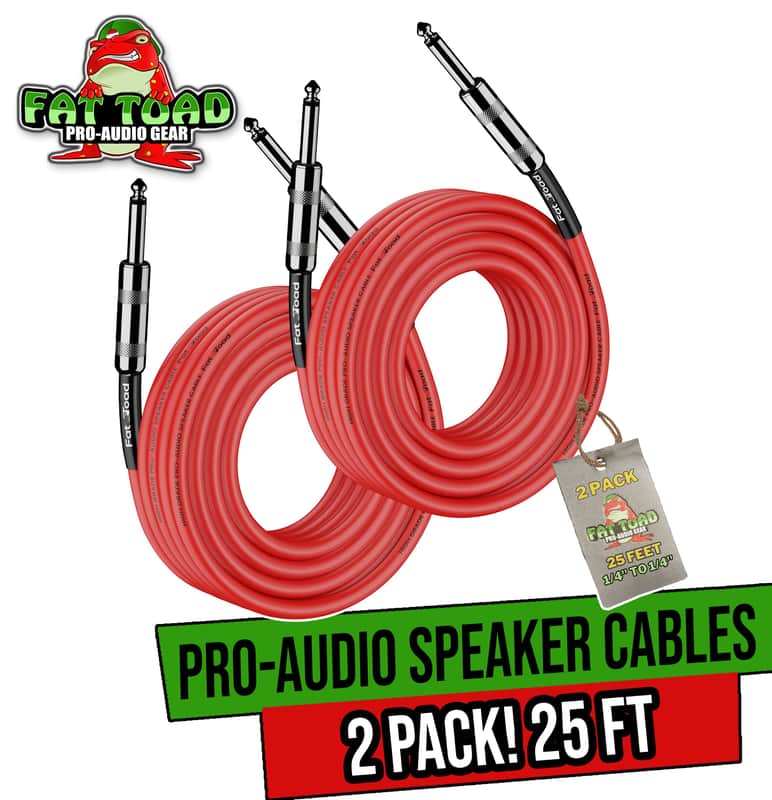 FAT TOAD 25ft 1/4" Speaker Cables (Red-FlexPRO Series) 2-Pack – Audio Patch DJ Cords with Male Jack Connectors, 12 AWG Wire for Amp & Studio Gear image 1